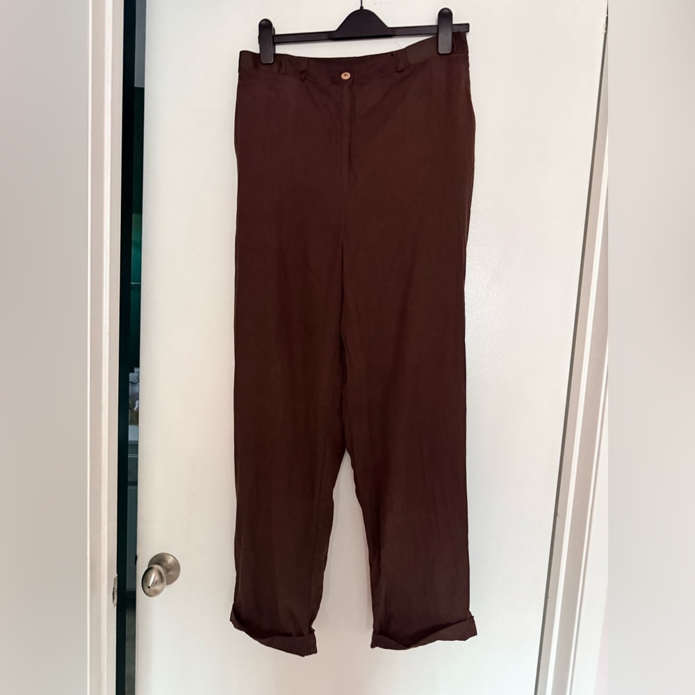 Uniform John Paul Richard brown 100% Silk Pants Women 10 Retro vintage straight